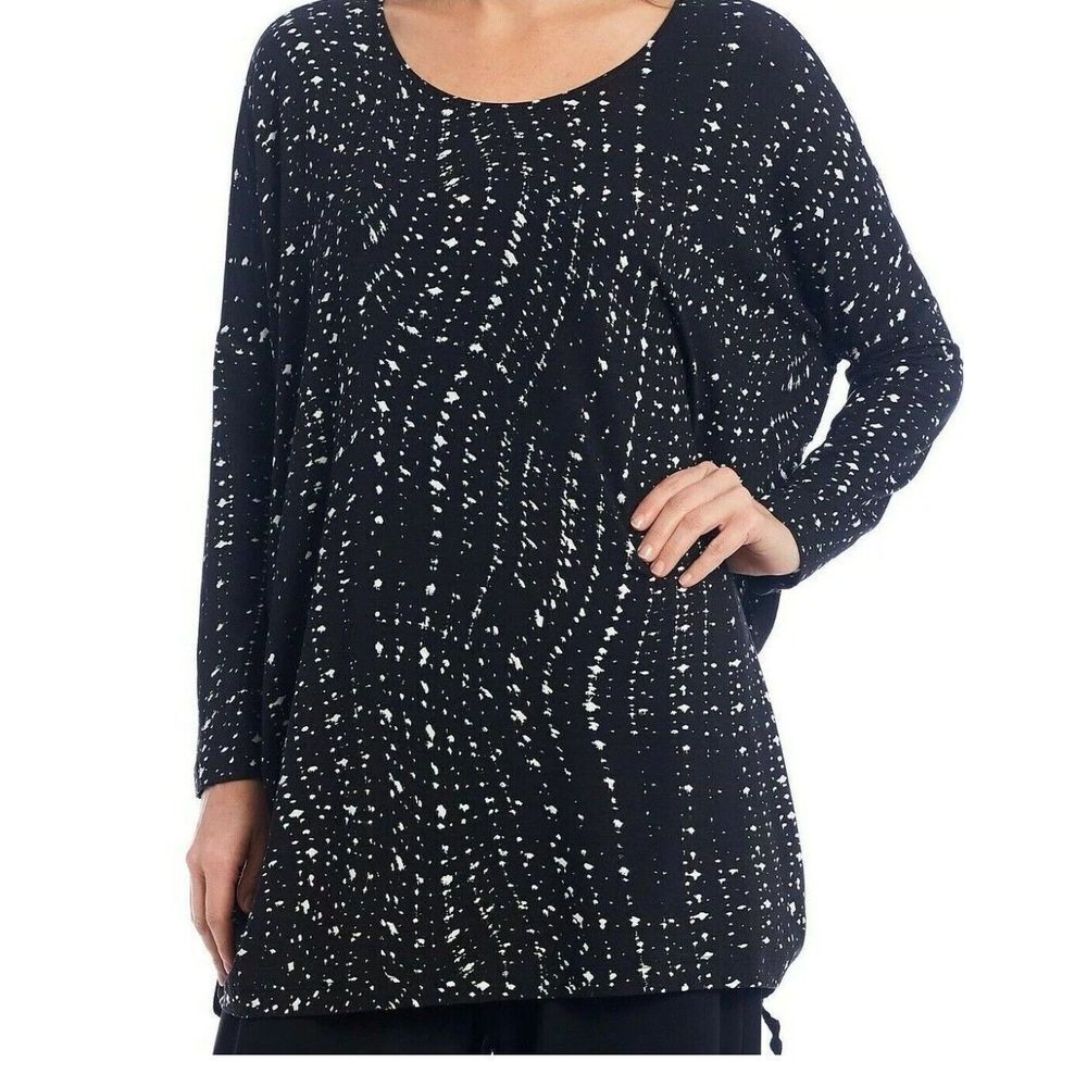 Bryn‎ Walker Top Womens Plus 1X Ruched Inman Tunic Black Stars Stretch Lagenlook